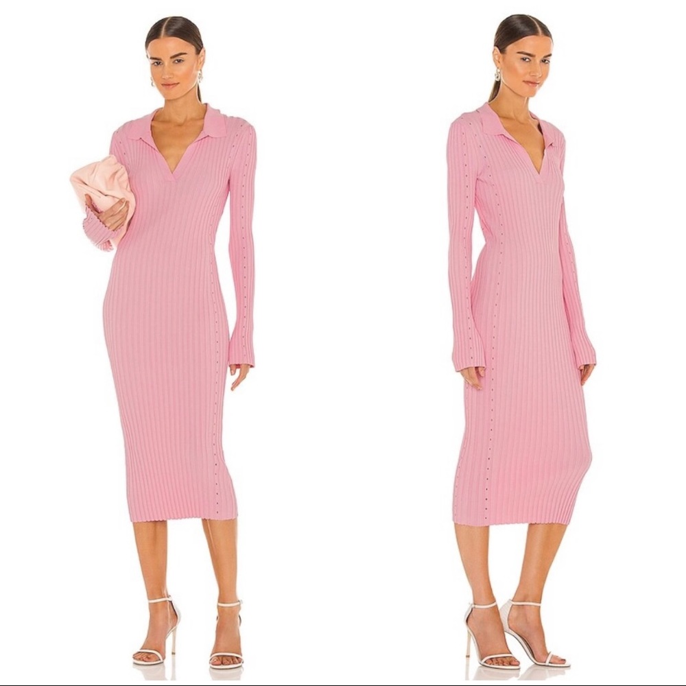 Helmut Lang Pink Ribbed Bodycon Midi Dress Size S